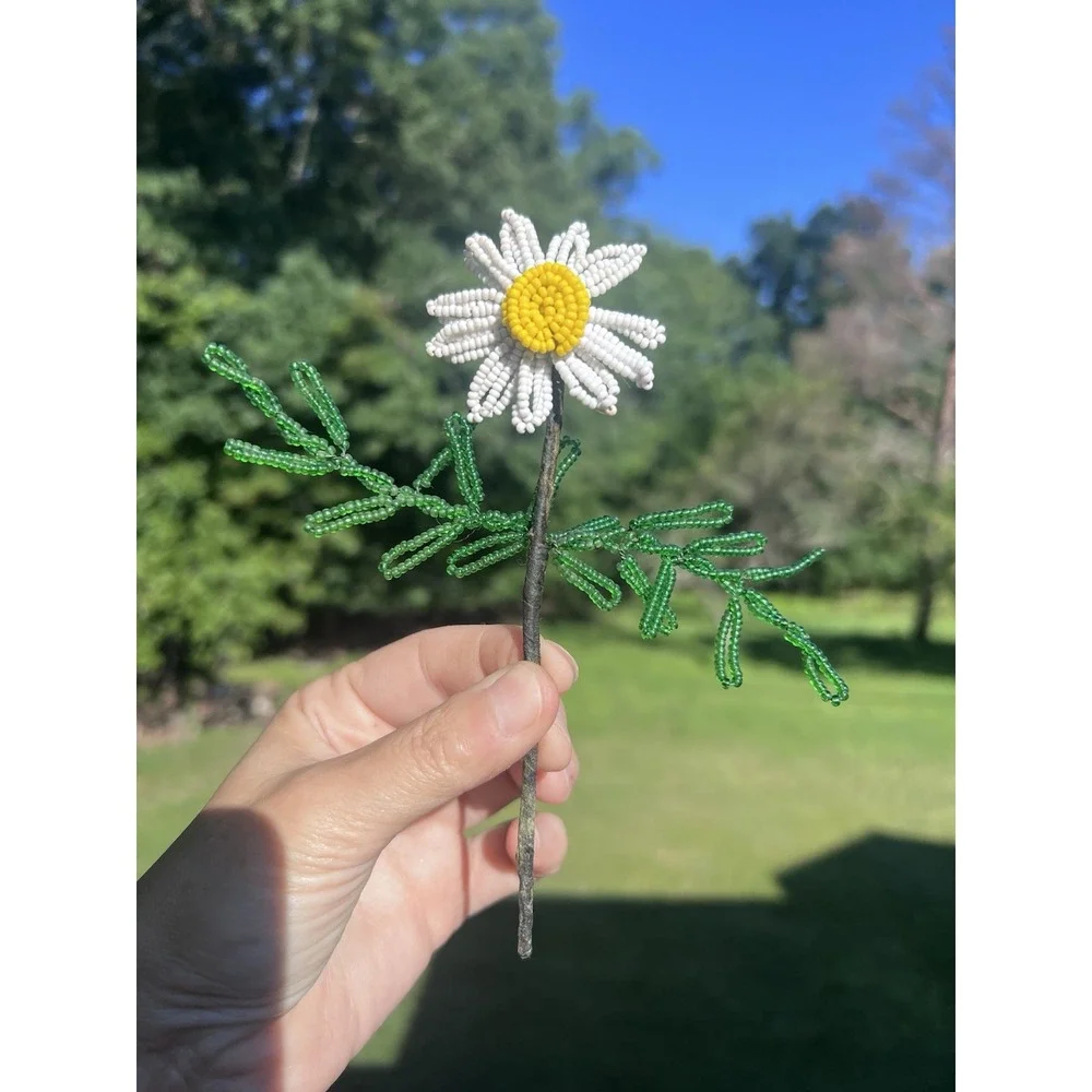 Vintage French Beaded Daisy Flowers 11 Stems Seed Bead Handmade Floral Decor